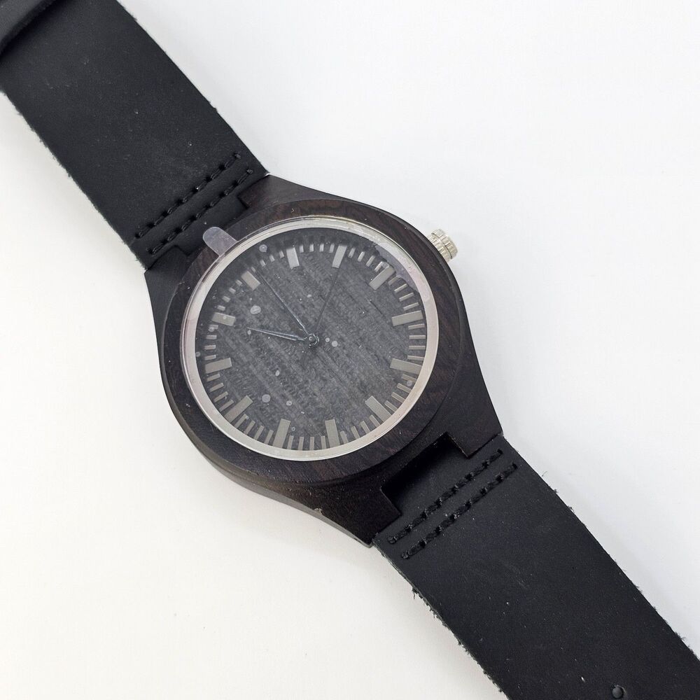 Wood Unisex Watch 45MM Black Case Black Dial Black Leather Bands New Battery